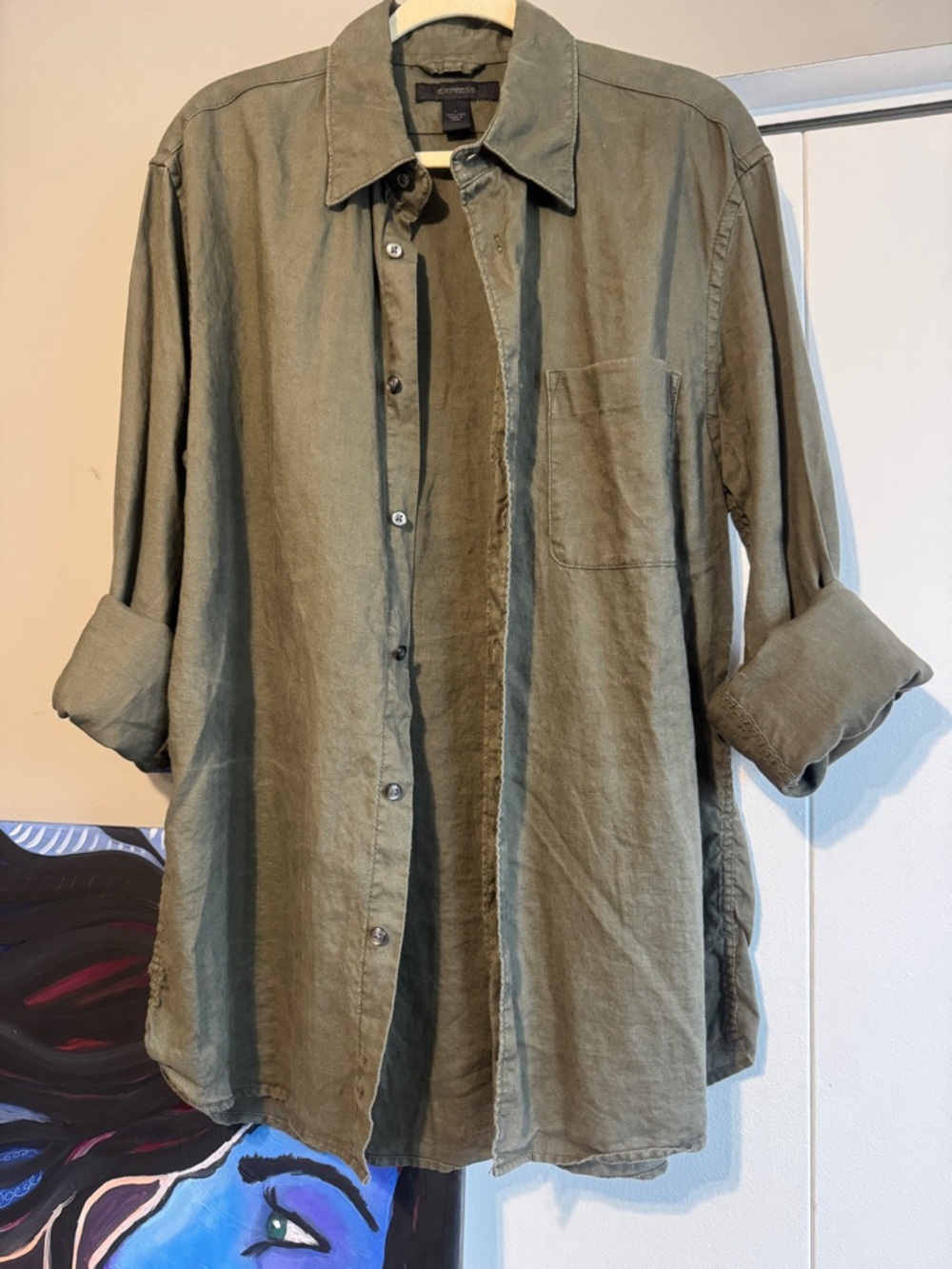 Express 100% Linen Oversized Shacket Olive Green Large